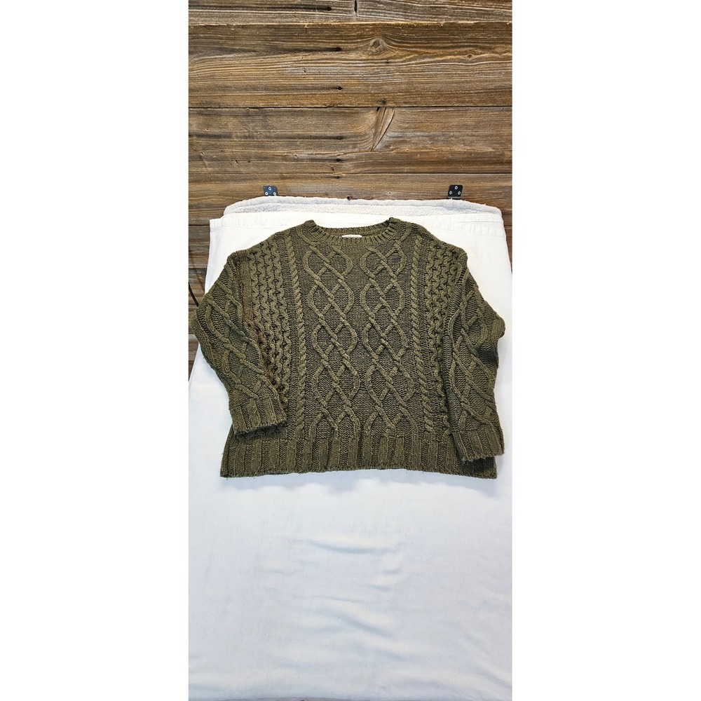Angelkiss Womens XL Olive Green Cable Knit Crewneck Sweater Chunky Long Sleeve